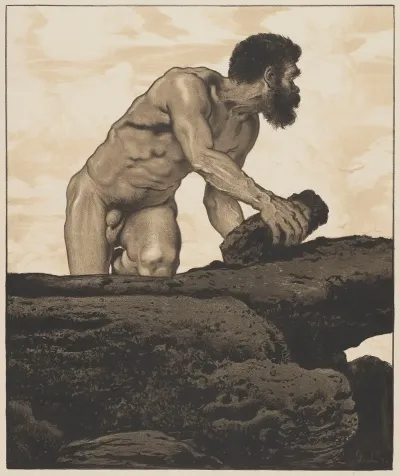 Nude Of An Old Man Kneeling On A Rock With A Boulder In His Hand