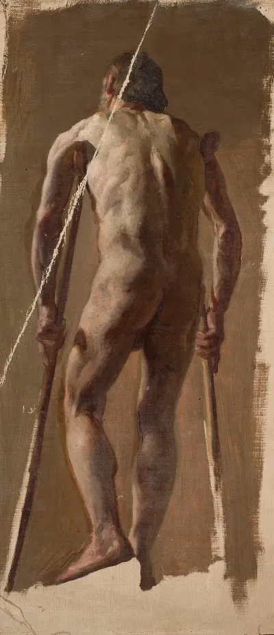 Nude Of An Old Man Leaning On Crutches Back View