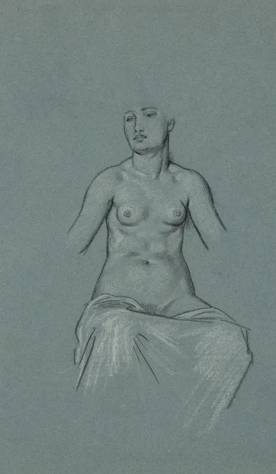 Nude Woman Seated With Sheet Draped Over Her Legs