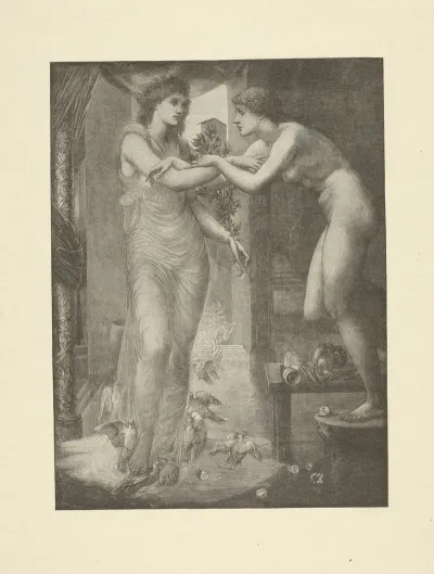 Nude Woman Stands On Stool Arms Locked With Woman Beside Her Clothed In Sheer Dress Doves At Her Feet