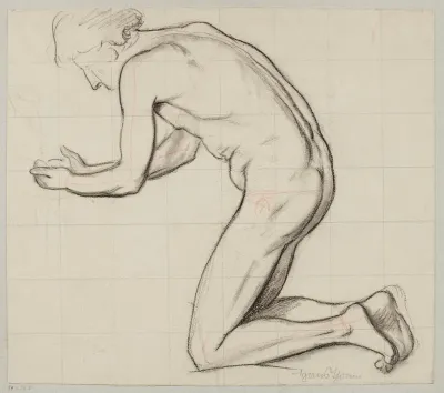 Nude Young Male Kneeling By A Stream And Scooping Water With His Hands