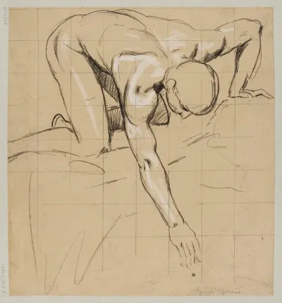 Nude Young Male Leaning Over A Stream Drawing Water With His Right Hand