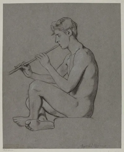 Nude Young Male Playing The Flute