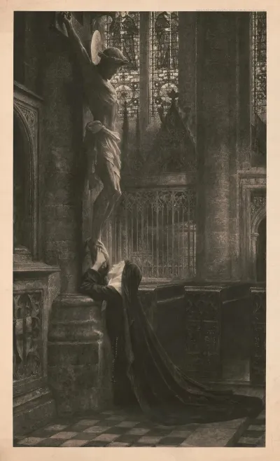 Nun Kneeling At The Feet Of Cruxified Jesus