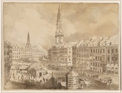 Nytorv Og Gammel Torv I Kobenhavn Med Sankt Petris Og Vor Frue Kirkes Spir