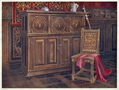Oak Cabinet With Circular Convex Panels Walnut Chair Chaise Sans Bras With Interlaced Floral Ornament On The Back