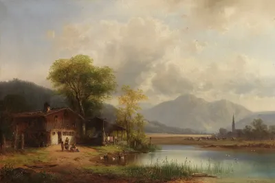 Oberbayerische Landschaft Mit Waschhaus Am See