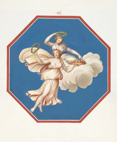 Octagonal Painting Of Two Women Riding A Cloud And Holding Wreaths And Flowers