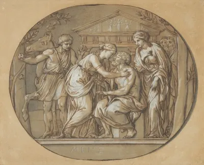 Oedipus Before The Temple Of The Furies Between His Daughters Antigone And Ismene