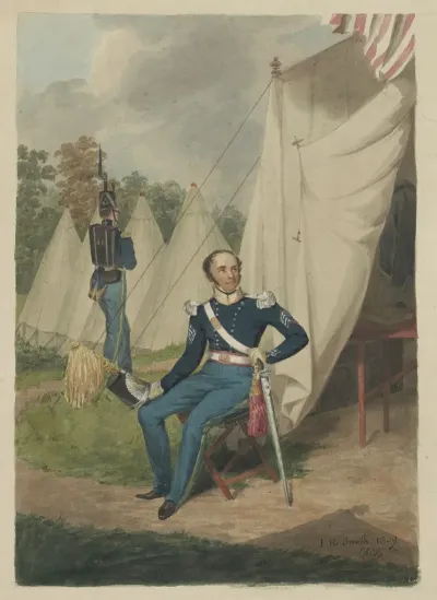 Officer From The First Troop Philadelphia Seated By A Tent In Which A Writing Desk Is Visible