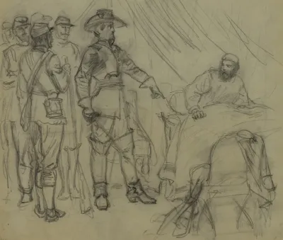 Officer Pointing To Man In Bed In A Tent