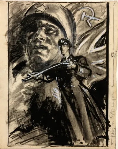 Officer Presenting Sword Head Of Russian Soldier With Red Flag And Union Jack