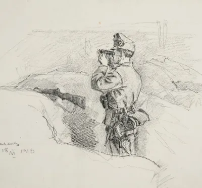 Oficer Legionu Ukrainskich Strzelcow Siczowych 1914 1920 W Okopie Obserwujacy Przez Lornetke Przedpole