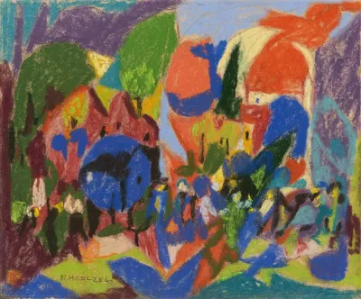 Ohne Titel Bergdorf Mit Figurengruppe