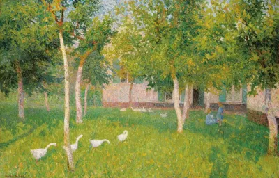 Oies Dans Un Jardin Avec Deux Enfants