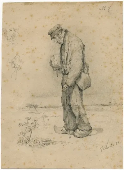 Old Bent Man With Walking Stick And Bundle Under His Arm