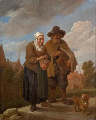 Old Lady Holding A Brazier And Hurdy Gurdy Player