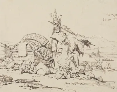 Old Man And Children Seated Cooking