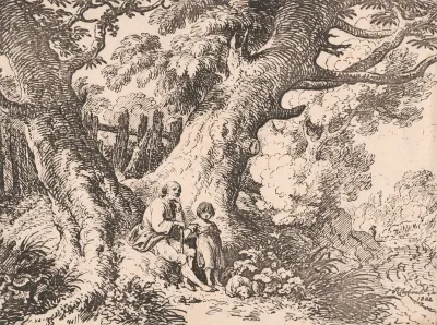 Old Trees With Old Man Child And Dog