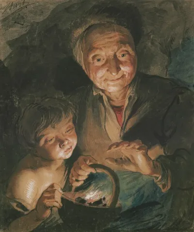 Old Woman And Boy Warming Their Hands After Peter Paul Rubens