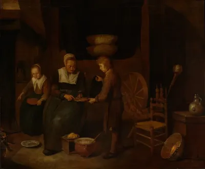 Old Woman Baking Pancakes With Two Children
