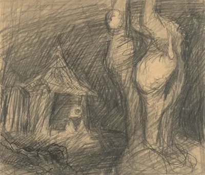 Old Woman In Front Of A Small Cottage In The Woods