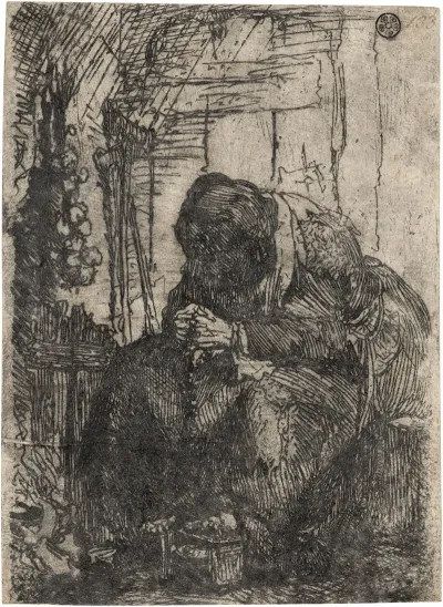 Old Woman Seated In A Cottage With A String Of Onions On The Wall