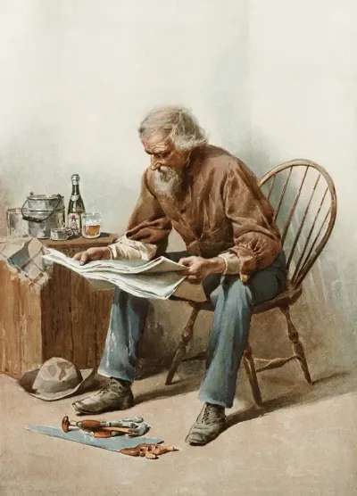 Older Man Sitting On A Chair Reading A Newspaper