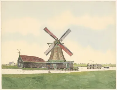Oliemolen Het Jonge Big Met Stilletje Boven Het Water Op De Achtergrond Links Een Kerk