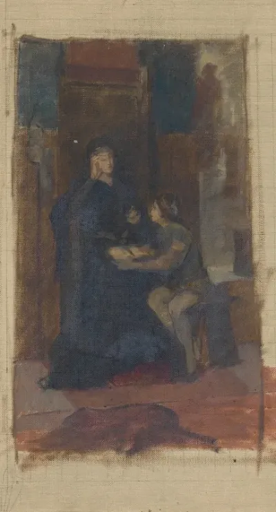 Olskizze Einer In Einem Innenraum Sitzenden Frau In Langem Gewand Vor Ihr Ein Sitzender Page Mit Aufgeschlagenem Buch