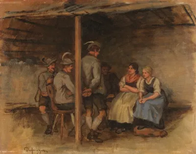 Olstudie Mit Vier Burschen Und Zwei Dirndln In Der Stube