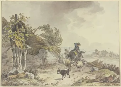 On The Path Next To A Dilapidated Hut With A Thatched Roof A Shepherd On Horseback And A Farmers Wife With Sheep And Goats