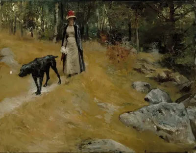 On The Shore Bank Annie Edelfelt With A Dog