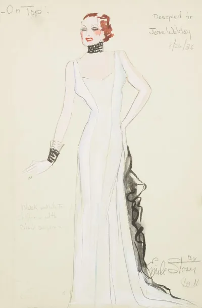 On Top Designed For Jane Wilday White Gown With Black Ruffle And Black Collar And Cuff