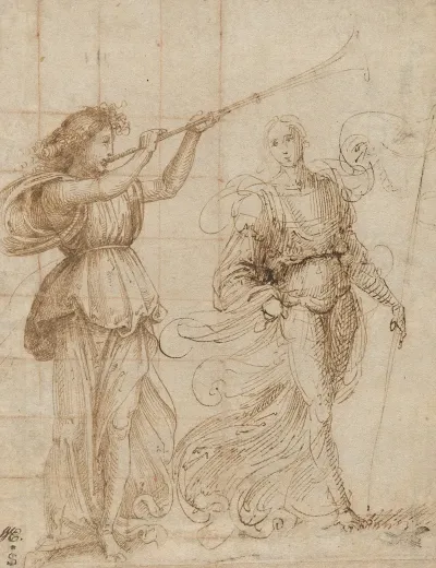 One Angel Blowing A Trumpet And Another Holding A Standard