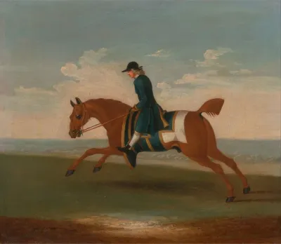 One Of Four Portraits Of Horses A Chestnut Racehorse Exercised By A Trainer In A Blue Coat Gallop