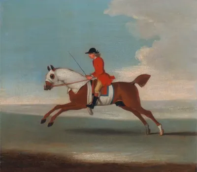 One Of Four Portraits Of Horses A Chestnut Racehorse Exercised By A Trainer In A Red Coat Gallopi