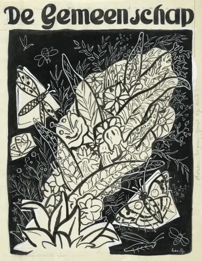 Ontwerp Voor De Omslag Van De Gemeenschap Met Een Voorstelling Van Vlinders Rond Bladeren En Bloemen Vliegend