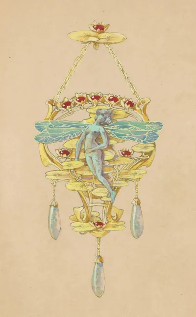 Ontwerp Voor Een Hanger Met Een Vrouw Met Libellenvleugels Van Goud Robijnen Opalen En Email