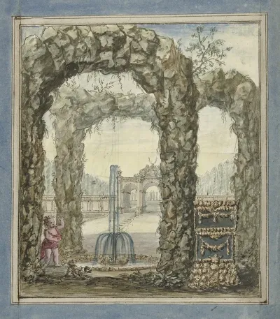 Ontwerp Voor Een Kamerbeschildering Met Stenen Bogen Met Een Fontein En Zicht Op Een Tuin