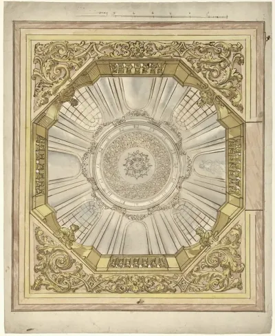 Ontwerp Voor Een Plafondschildering Met Illusionistische Koepelgewelf Waarin Een Roset