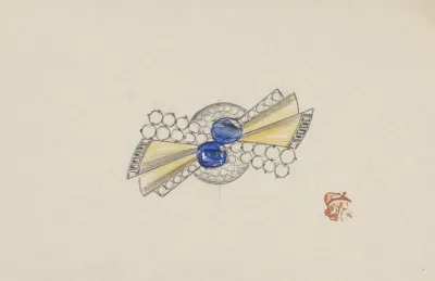 Ontwerp Voor Een Rond Juweel Met Stralen Met Goud Saffieren En Briljanten