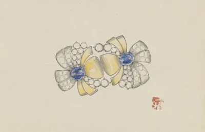Ontwerp Voor Juweel In De Vorm Van Twee Gestileerde Bloemen Met Goud En Saffieren
