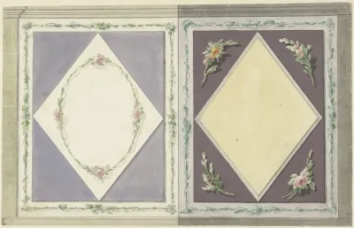 Ontwerp Voor Kamerversiering Met Twee Panelen Een Met Een Ruit In Geel En Een Met Een Krans Van Rozen In Een Ruit