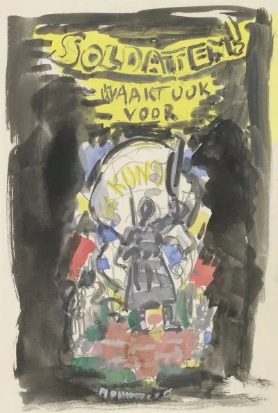 Ontwerpschets Affiche Voor Propaganda Kunstbescherming In Het Leger Schets Van Soldaat Frontaal Gezien Staand Op Een Bakstenen Muurtje Erboven De Tekst Soldaten Waakt Ook Voor Kunst