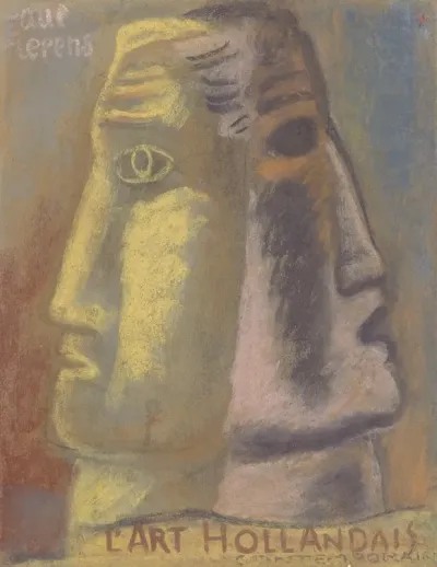 Ontwerpschets Voor Paul Fierens Lart Hollandais Contemporain Twee Mannen Hoofden En Profil Afgebeeld Van Elkaar Weg Kijkend