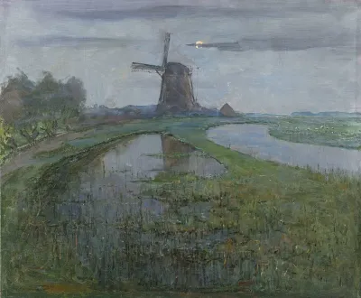 Oostzijdse Mill Along The River Gein By Moonlight