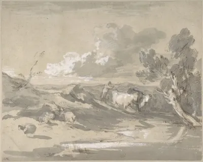 Open Landscape With Herdsman Cows And Sheep