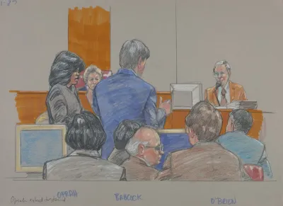 Oprah Winfrey Standing As Her Attorney Charles Babcock Questions Plaintiff Bill Obrien On The Witness Stand While The Judge And Others In The Courtroom Look On