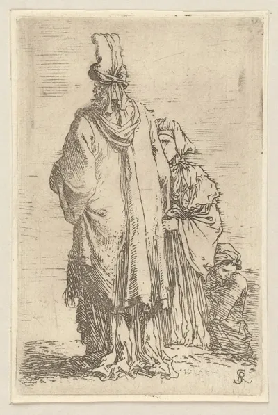 Oriental In Turban Seen From Behind With Two Women